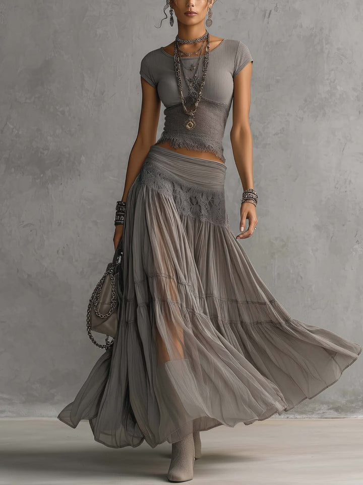 Vesper™ | Lace-Paneled Top &amp; Pleated Maxi Skirt Set