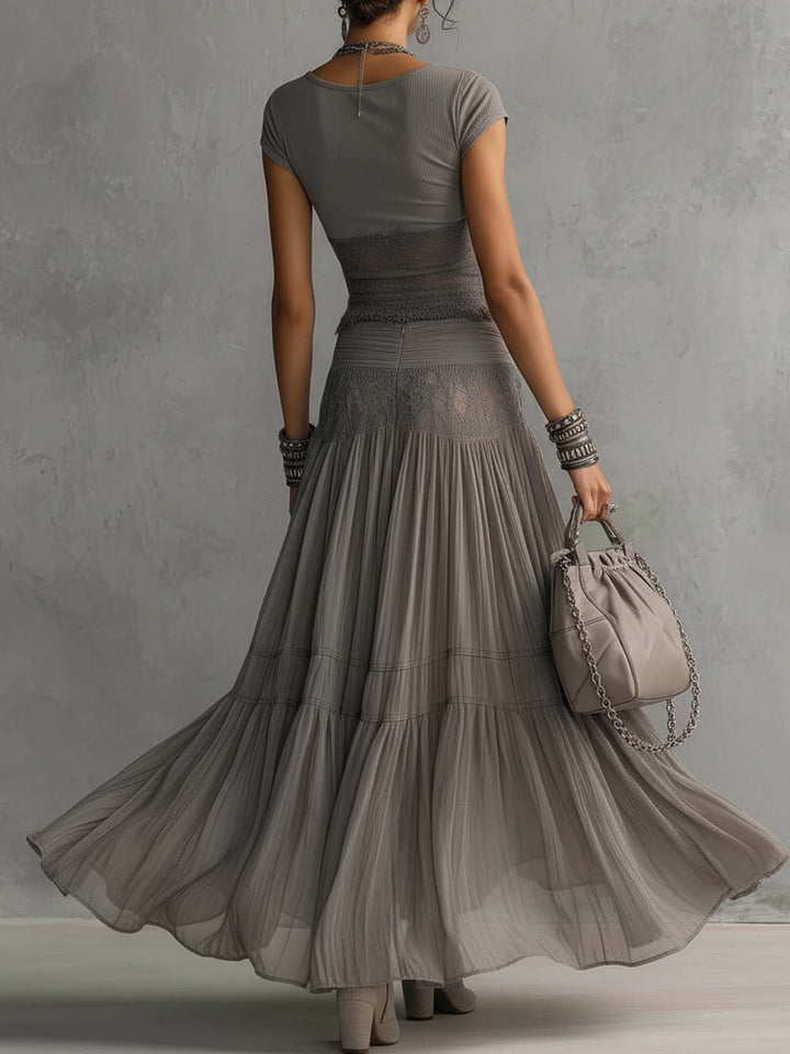 Vesper™ | Lace-Paneled Top &amp; Pleated Maxi Skirt Set