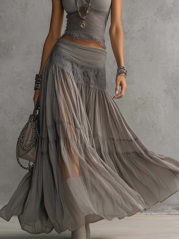 Vesper™ | Lace-Paneled Top &amp; Pleated Maxi Skirt Set
