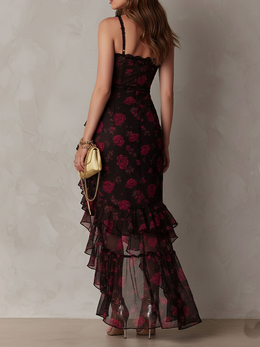 Renata™ | Black &amp; Red Floral Ruffle-Hem Dress