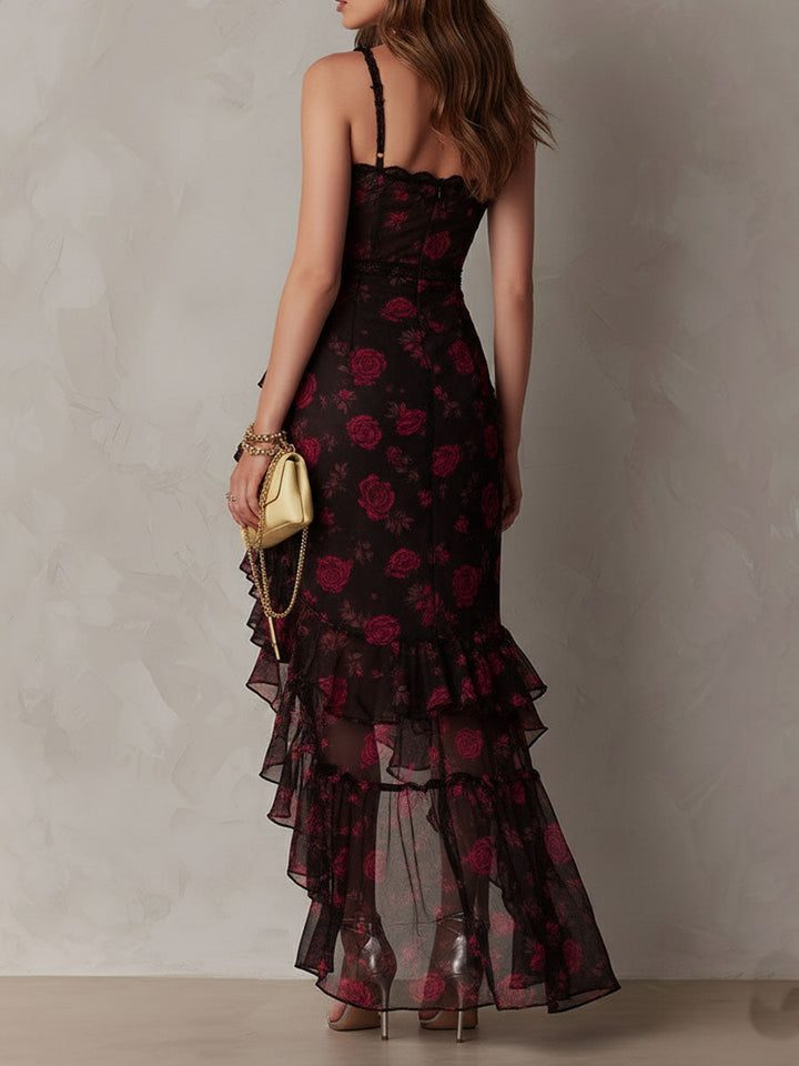 Renata™ | Black &amp; Red Floral Ruffle-Hem Dress
