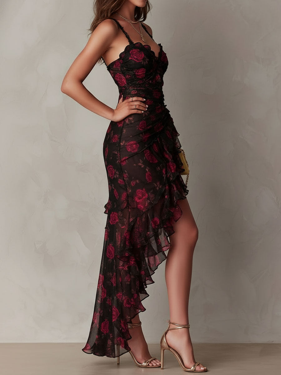 Renata™ | Black &amp; Red Floral Ruffle-Hem Dress