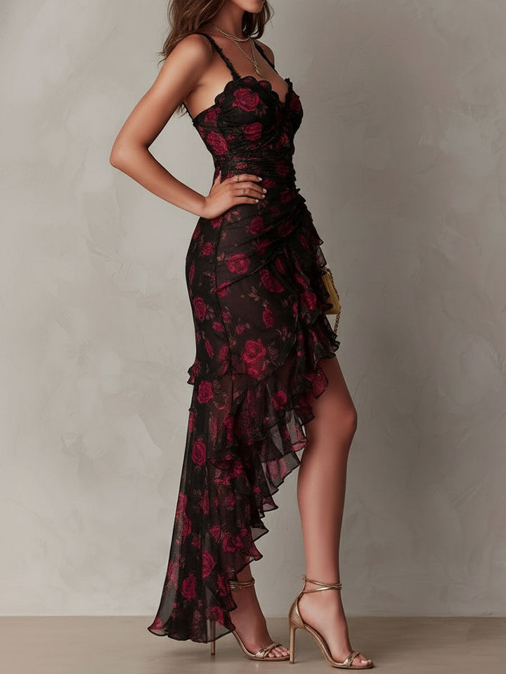 Renata™ | Black &amp; Red Floral Ruffle-Hem Dress
