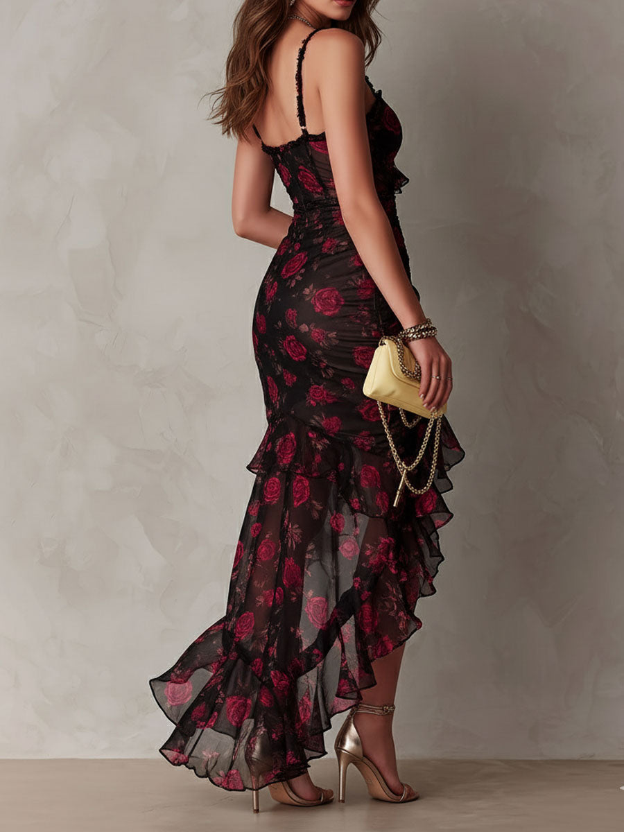Renata™ | Black &amp; Red Floral Ruffle-Hem Dress