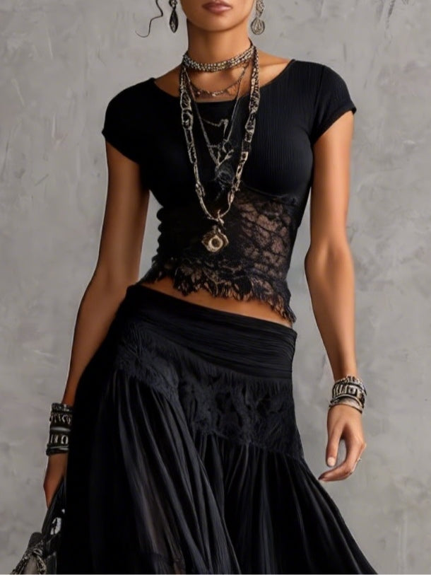 Cordelia™ | Lace-Paneled Top &amp; Pleated Maxi Skirt Set