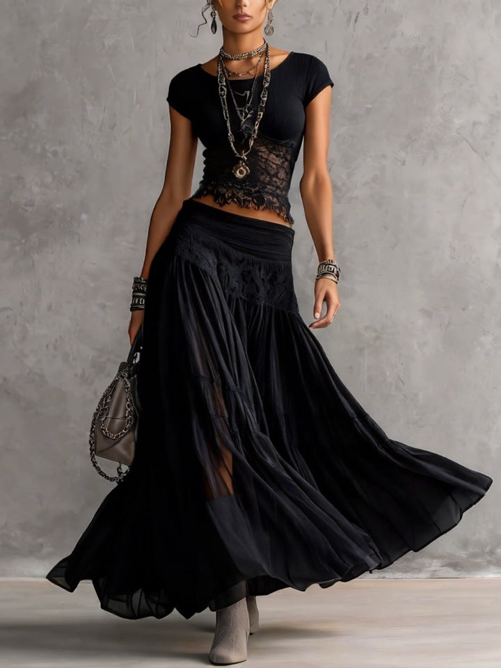 Cordelia™ | Lace-Paneled Top &amp; Pleated Maxi Skirt Set
